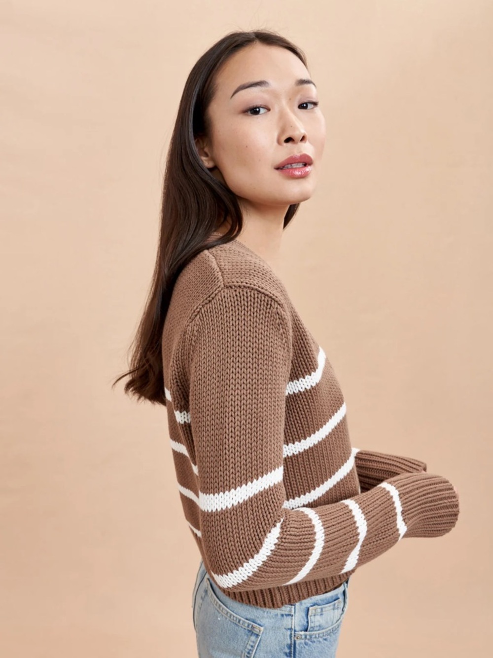LA LIGNE Mini Marina Chunky Knit Cardigan Sweater Tan Cream Stripe Small - Picture 3 of 7
